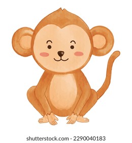 Monkey . Watercolor paint design . Cute animal cartoon character . Sitting position . Vector .