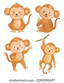 Monkey . Watercolor painting design . Set of cute animals cartoon characters . Vector .