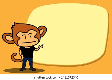 Monkey wearing clothes standing finger point to balloon text box