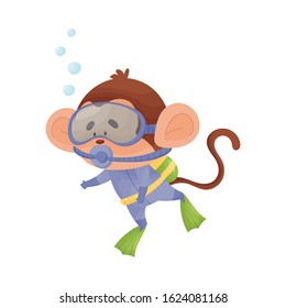 Monkey Wearing Diving Suit Snorkeling Underwater Vector Illustration