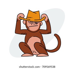 Monkey wearing hat cartoon hand drawn image. Original colorful artwork, comic childish style drawing.