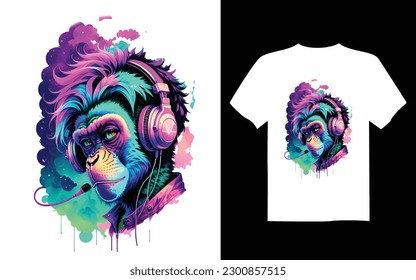  monkey wearing headphones, printable design for t-shirts, mugs, cases, etc