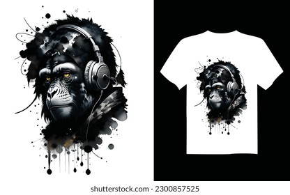  monkey wearing headphones, printable design for t-shirts, mugs, cases, etc