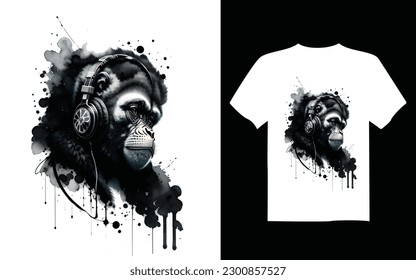  monkey wearing headphones, printable design for t-shirts, mugs, cases, etc