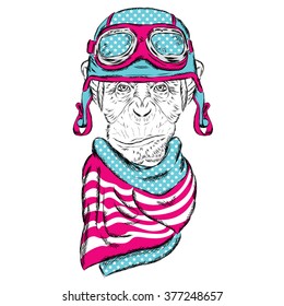 Monkey wearing a helmet. Vector illustration for greeting card, poster, or print on clothes.
