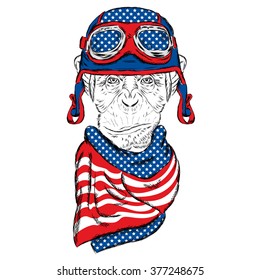 Monkey wearing a helmet. Vector illustration for greeting card, poster, or print on clothes.