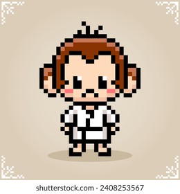 Monkey wearing karate clothes in 8 bit pixel art. Animal for game asset and cross stitch pattern in vector illustration.