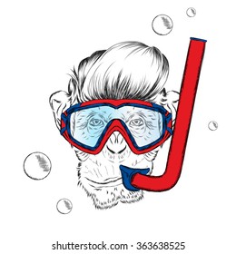 Monkey wearing a mask for diving. Swimmer. Hipster.
