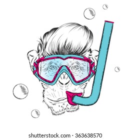 Monkey wearing a mask for diving. Swimmer. Hipster. 