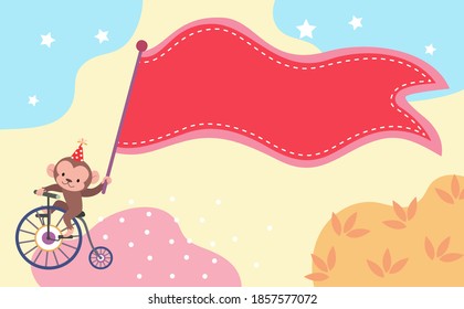 Monkey wearing a pointed hat, holding a big red banner in his hand, riding a bicycle