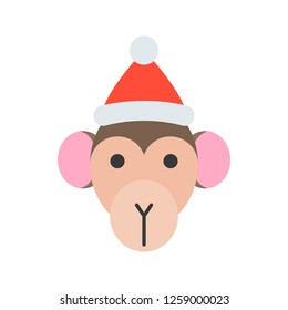 monkey wearing santa hat, flat icon design