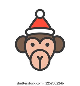 monkey wearing santa hat, outline icon editable stroke