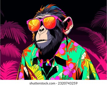 A monkey wearing sunglasses and a Hawaiian shirt