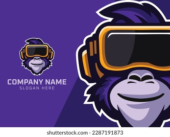 Mono con gafas de realidad virtual Vector del logo de mascota.