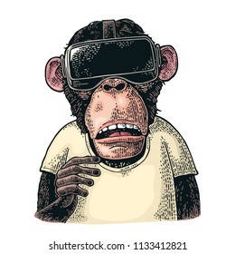 Monkey wearing virtual reality headset and t-shirt. Vintage color engraving illustration for poster. Isolated on white background