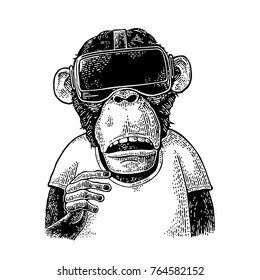 Monkey wearing virtual reality headset and t-shirt. Vintage black engraving illustration for poster. Isolated on white background