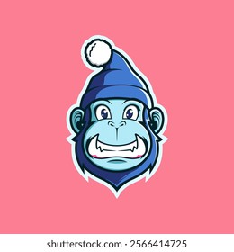 Monkey is wearing a winter hat and a happy face: mascot, illustration, logo.