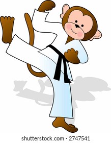 Monkey in a white gi doing a karate high kick