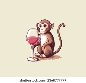 monkey with wine glass, monkey drinking wine, monkey holding wine glass logo design vector cartoon mascot illustration