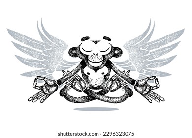 Monkey with wings in lotus position and keep calm, meditation, levitates. Zen balance, mudra hands. Yoga animal. Vector sketch. Mental harmony.