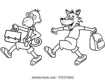 monkey and wolf, coloring page, vector icon