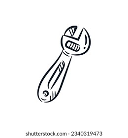 Monkey wrench key hand drawn sketch line drawing. Mechanic tool vector doodle icon logo illustration