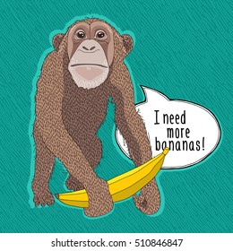 Monkey with a yellow banana on a green background. Vector illustration.