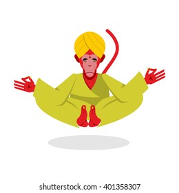 Monkey Yoga. Red marmoset yogi meditates. Animal meditating. Beast in Indian turban attained enlightenment