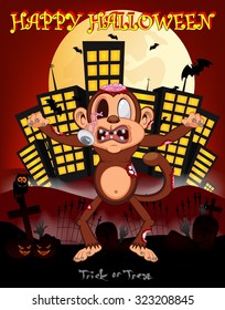 Monkey zombie with city background for happy halloween vector illustration