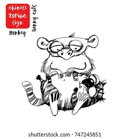 Monkey.Funny cats as chinese zodiac signs. Hand drawn vector set 