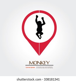 Monkey.monkey icon with map pointer.vector illustration.