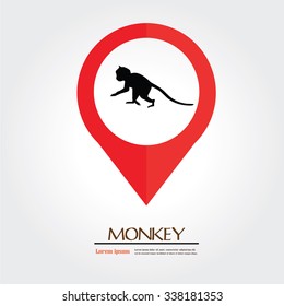 Monkey.monkey icon with map pointer.vector illustration.