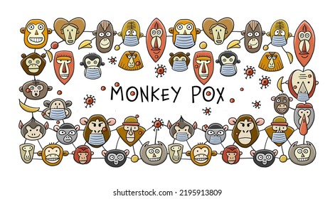Virus Monkeypox 2022 - enfermedad transmitida por el mono. Pancarta de arte conceptual para tu diseño. Familia de monos con máscara en la cara. Ilustración del vector