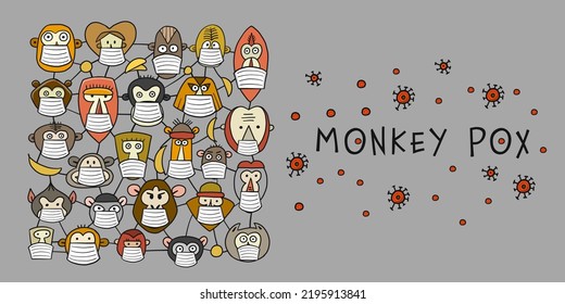 Monkeypox 2022 virus - disease transmitted by monkey. Concept art banner for your design. Monkey family with mask on face. Vector illustration