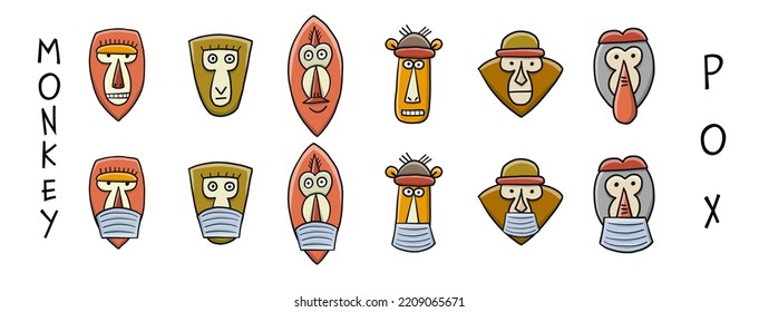 Monkeypox 2022 virus - disease transmitted by monkey. Concept art banner for your design. Monkey family with mask on face. Vector illustration