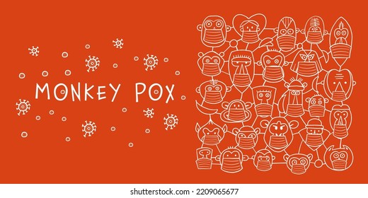 Monkeypox 2022 - Krankheit, die von Affen übertragen wird. Concept Art Banner für Ihr Design. Affenfamilie mit Gesichtsmaske. Vektorgrafik
