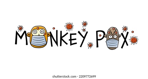 Monkeypox 2022 virus - disease transmitted by monkey. Concept art banner for your design. Monkeys with mask on face. Vector illustration