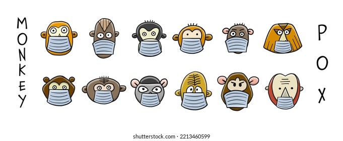 Virus Monkeypox 2022 - enfermedad transmitida por el mono. Pancarta de arte conceptual para tu diseño. Familia de monos con máscara en la cara. Ilustración del vector