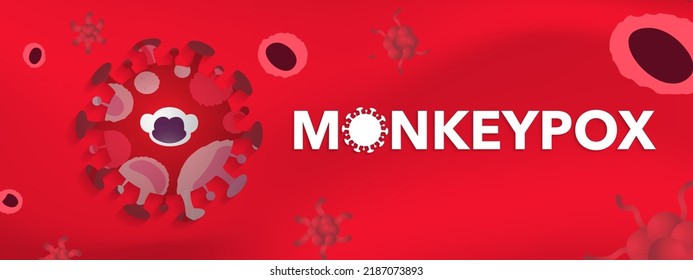 Monkeypox banner. Monkeypox virus cell on red blood flow background with white cells and other virus. Vector Illustration. EPS 10. 
