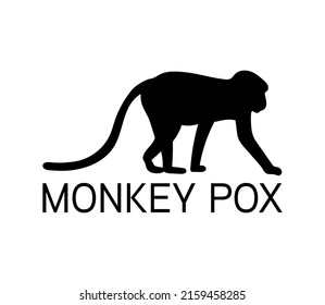 MONKEYPOX concept. Monkey pox viral disease. Monkey silhouette with text. Monochrome vector illustration isolated on white