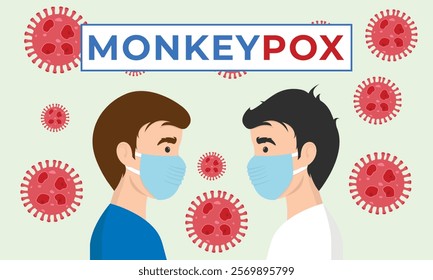 Monkeypox outbreak concept banner. Infected man from monkey flat illustration. Monkeypox on human skin. man wearing health mask