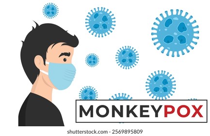 Monkeypox outbreak concept banner. Infected man from monkey flat illustration. Monkeypox on human skin. man wearing health mask
