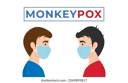 Monkeypox outbreak concept banner. Infected man from monkey flat illustration. Monkeypox on human skin. man wearing health mask