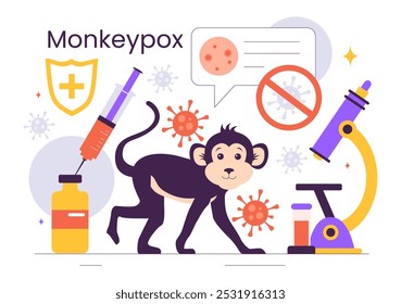 Ilustración vectorial del brote de viruela símica que muestra los síntomas del virus en humanos con Elementos microbiológicos en un fondo de dibujos animados de estilo plano de atención médica