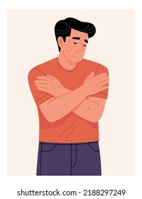 Monkeypox patient. Vector cartoon illustration of a young sad sick man in a red t-shirt with a rash on his body. Isolated on background