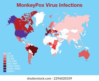 Monkeypox showing on world map with colours 2023