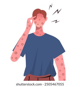 Monkeypox or smallpox virus. Man with rashes on face, body and back, one of Monkeypox symptom. Fever, headache, swollen lymph node, muscle aches. Flat vector illustration. Not AI generated