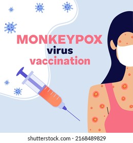 Monkeypox smallpox virus. Woman with signs of monkeypox. Rash, blisters on the skin. Monkey Pox vaccine. Virus epidemic outbreak. Template of vaccination target web page. Vector illustration