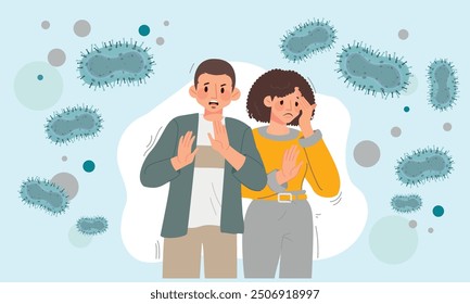 Monkeypox symtoms concept with monkeypox virus in monkey that is infective and cause symtoms in human such as headache, skin rash and fever. Illustration in flat style.