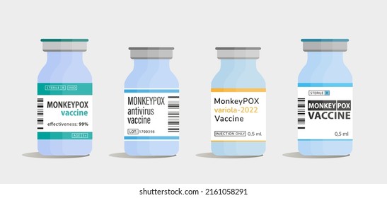 Monkeypox vaccine bottles vector illustration. Monkeypox outbreak disease 2022 New pandemic. Monkeypox variola virus, smallpax cure prevention. Health care concept. Flat vector illustration.